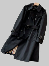 SaneShoppe-Classic Black Belted Mid-Length Coat with British Style Organic Cotton Blend
