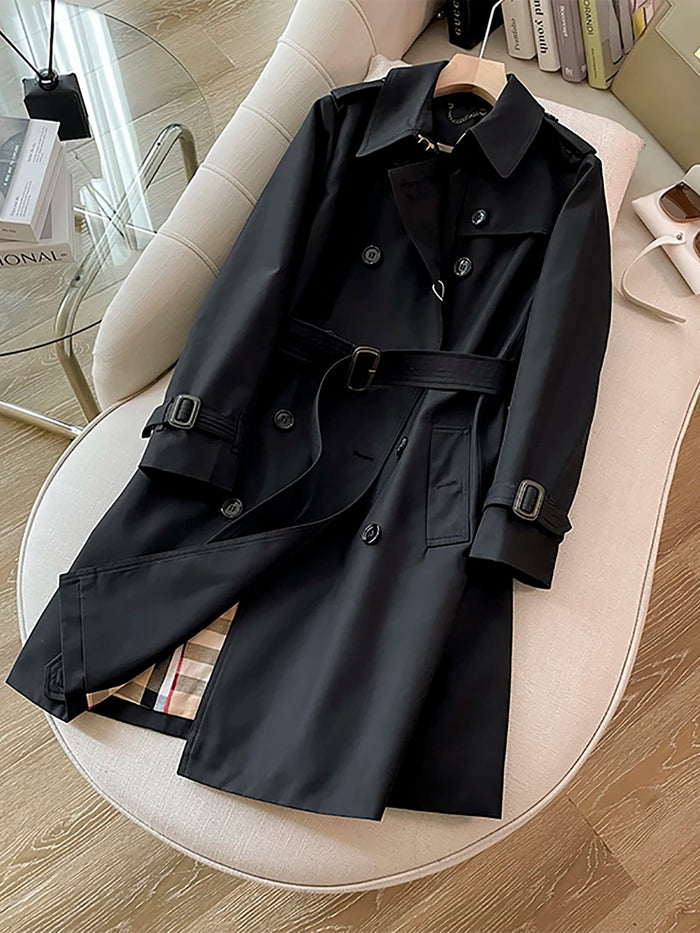 SaneShoppe - Elegant Black Belted Mid - Length Coat Classic Versatile British Style Organic Cotton Blend Long Sleeve Stand Collar Double Bre...