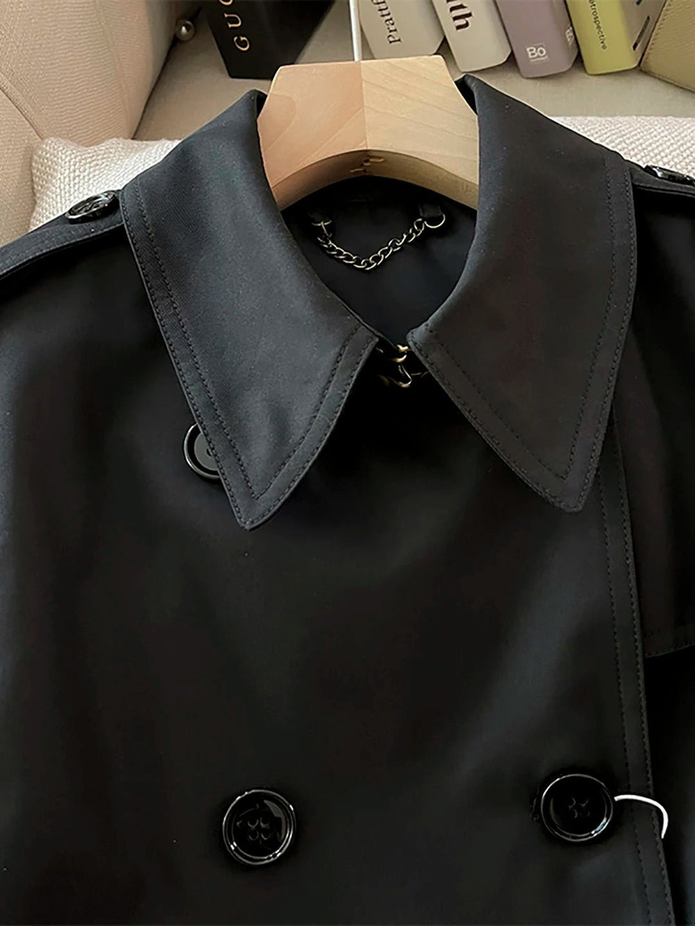 SaneShoppe-Classic Black Belted Mid-Length Coat with British Style Organic Cotton Blend
