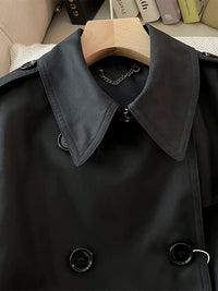 SaneShoppe-Classic Black Belted Mid-Length Coat with British Style Organic Cotton Blend