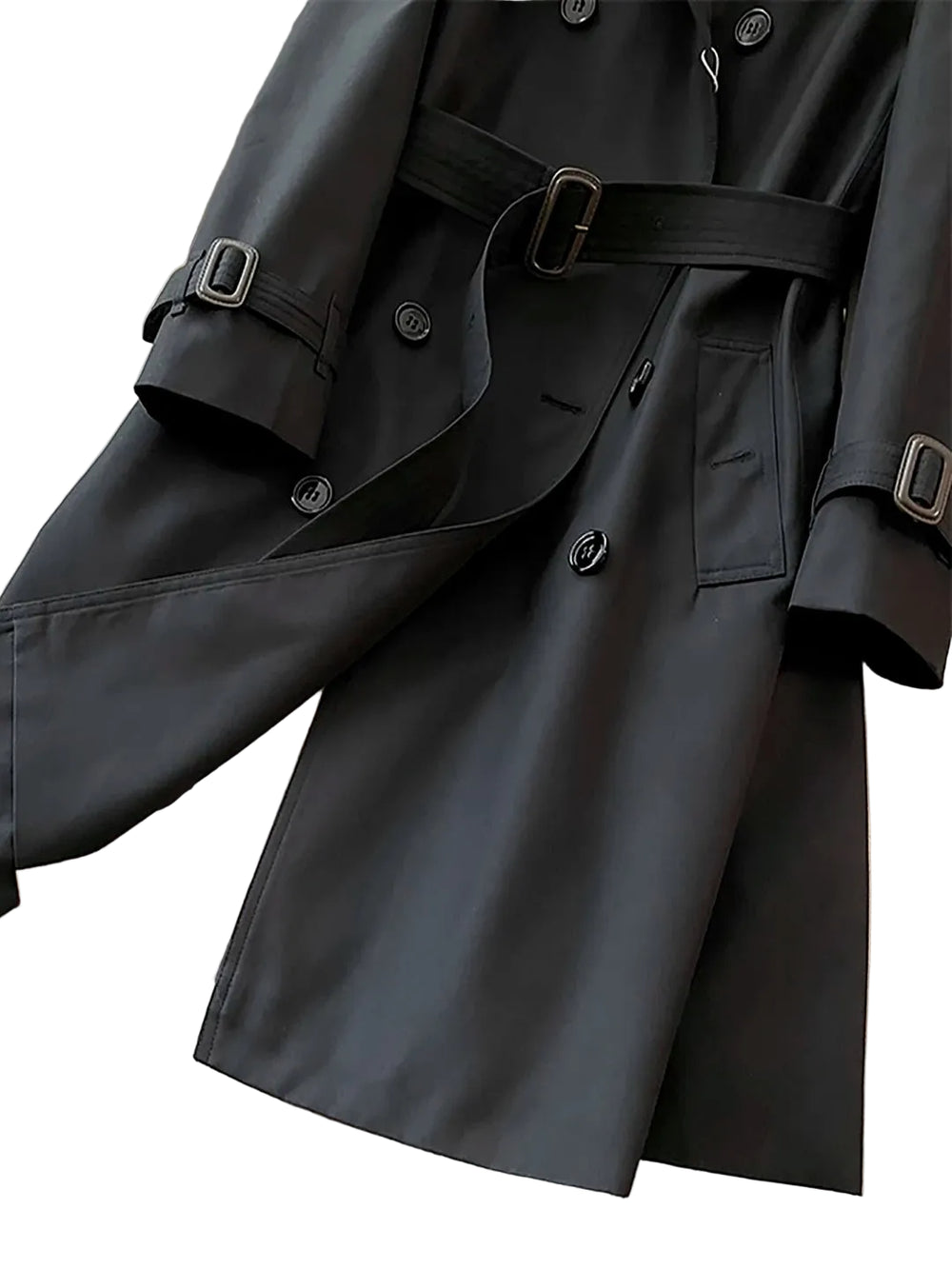 SaneShoppe-Classic Black Belted Mid-Length Coat with British Style Organic Cotton Blend
