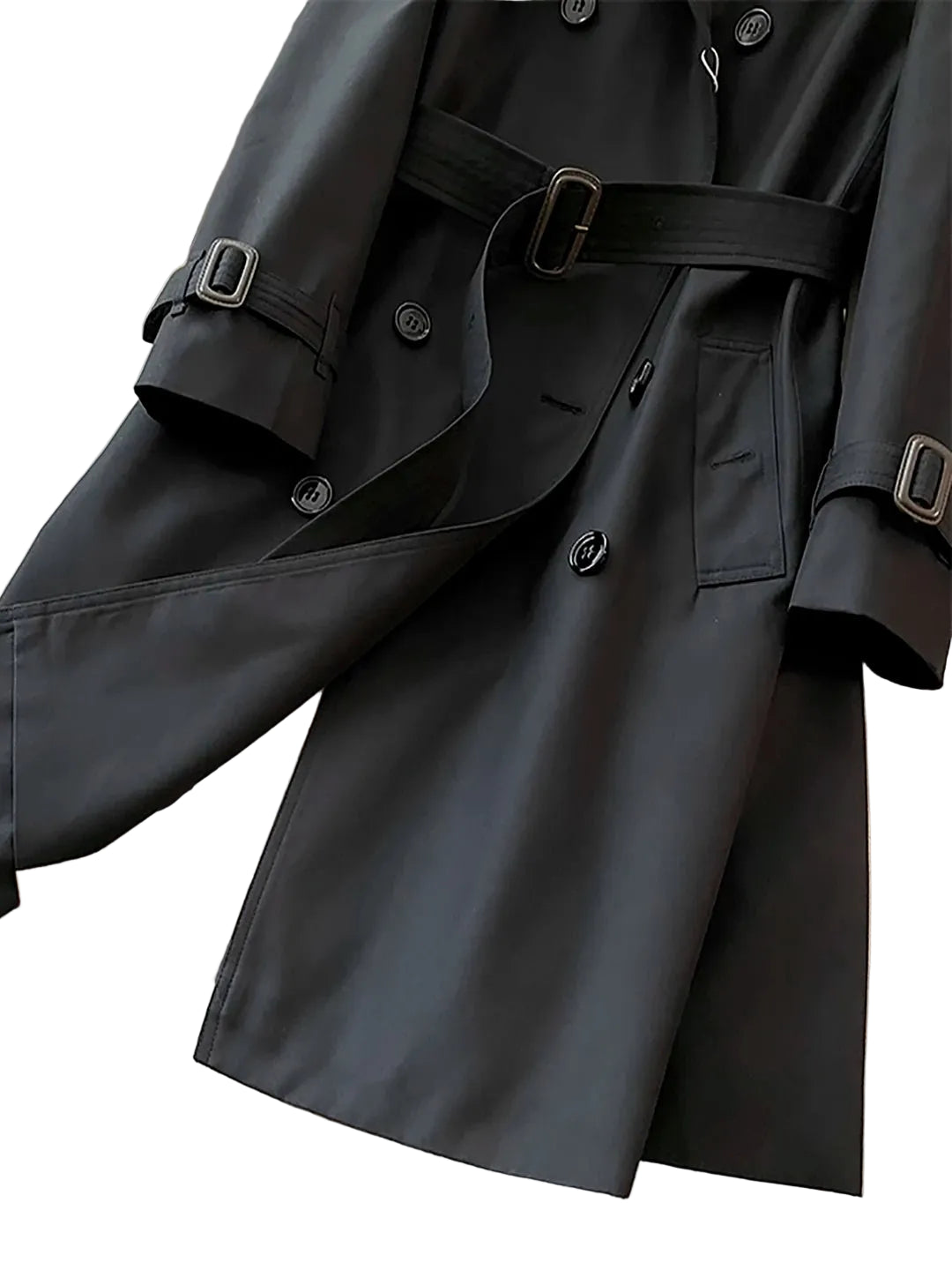 SaneShoppe-Classic Black Belted Mid-Length Coat with British Style Organic Cotton Blend