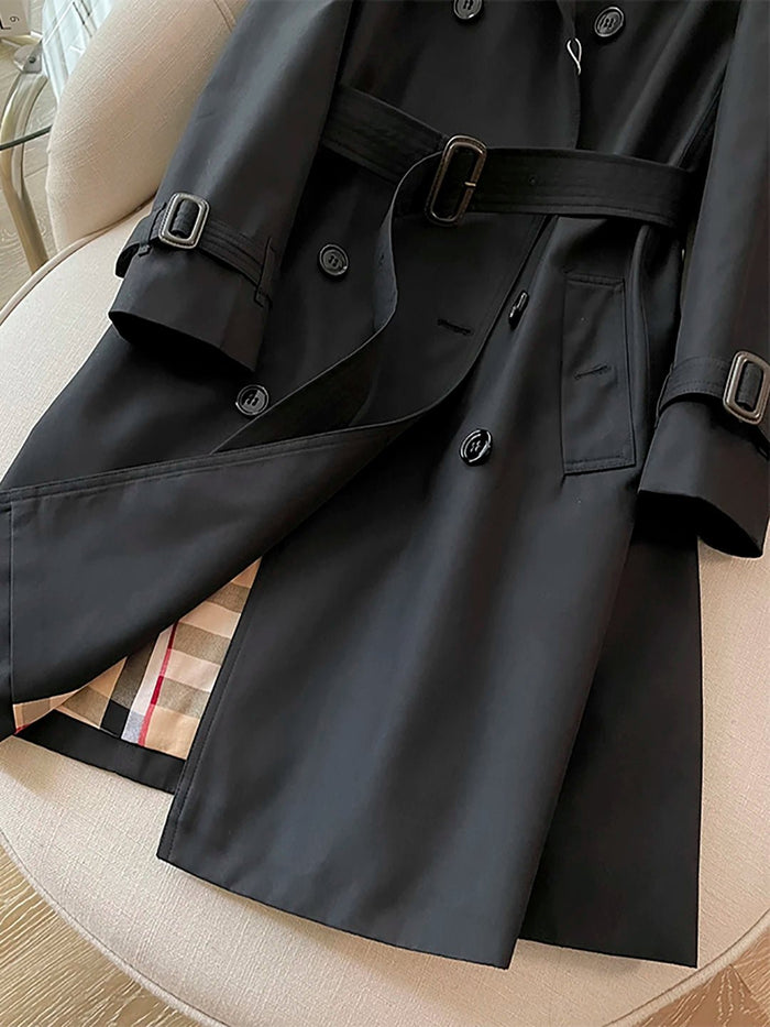 SaneShoppe - Elegant Black Belted Mid - Length Coat Classic Versatile British Style Organic Cotton Blend Long Sleeve Stand Collar Double Bre...