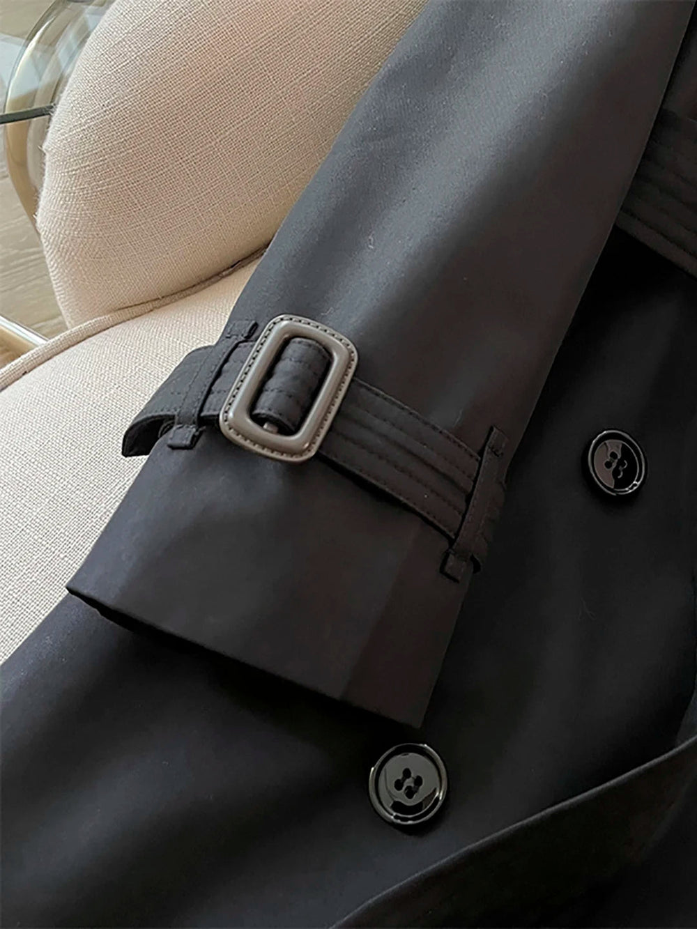 SaneShoppe-Classic Black Belted Mid-Length Coat with British Style Organic Cotton Blend