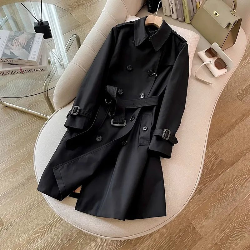 SaneShoppe-Khaki Double-Breasted Women's Overcoat, British Style, Organic Cotton, Regular Fit