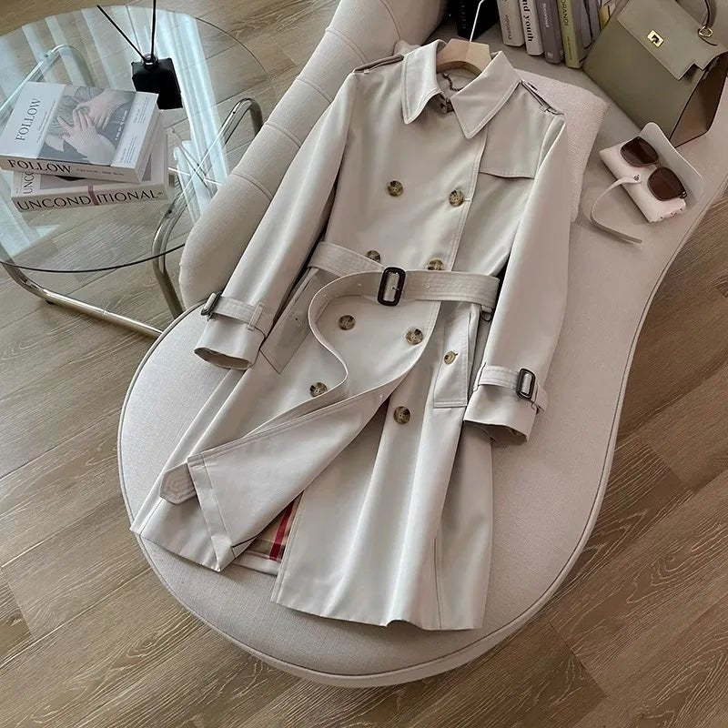 SaneShoppe-Khaki Double-Breasted Women's Overcoat, British Style, Organic Cotton, Regular Fit