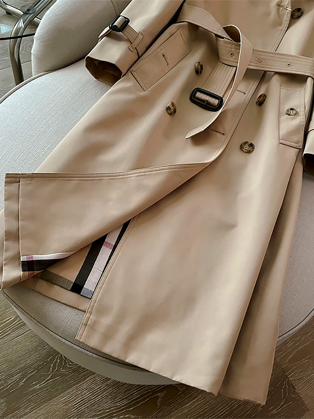 SaneShoppe-Khaki Double-Breasted Women's Overcoat, British Style, Organic Cotton, Regular Fit
