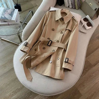 SaneShoppe-Khaki Double-Breasted Women's Overcoat, British Style, Organic Cotton, Regular Fit
