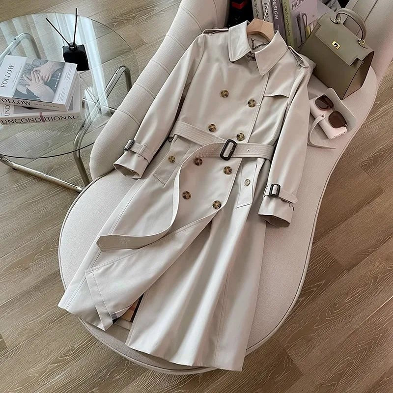SaneShoppe-Khaki Double-Breasted Women's Overcoat, British Style, Organic Cotton, Regular Fit