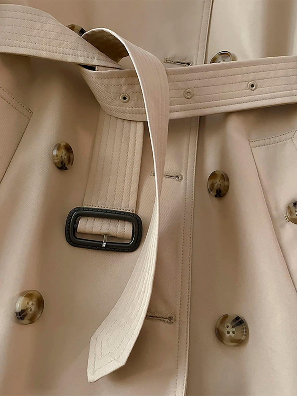 SaneShoppe-Khaki Double-Breasted Women's Overcoat, British Style, Organic Cotton, Regular Fit