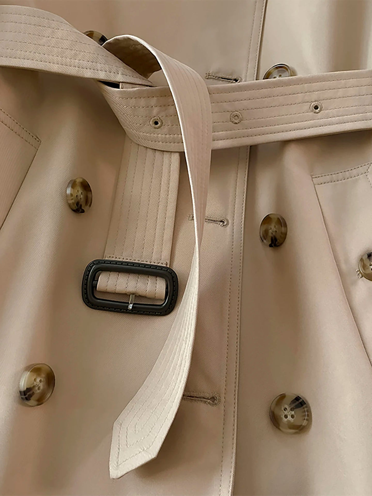SaneShoppe-Khaki Double-Breasted Women's Overcoat, British Style, Organic Cotton, Regular Fit