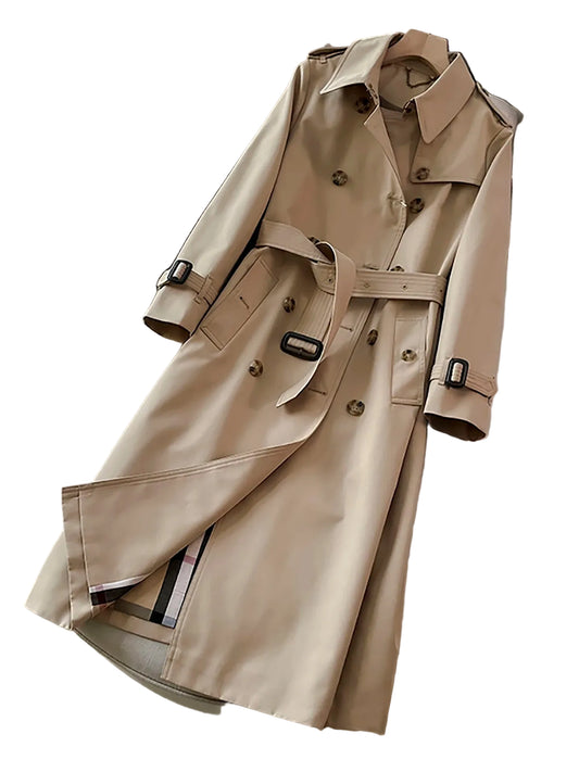 SaneShoppe-Khaki Double-Breasted Women's Overcoat, British Style, Organic Cotton, Regular Fit