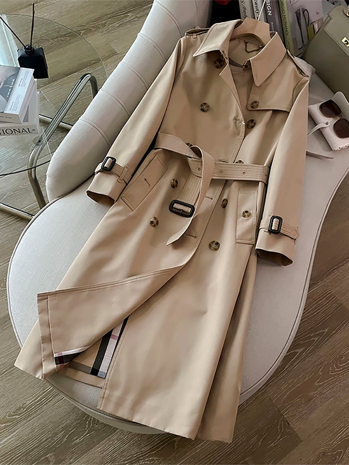 SaneShoppe - Elegant Long Khaki Women's Coat Double Breasted Knee - Length British Style Classic Overcoat Organic Cotton Blend Regular Fit