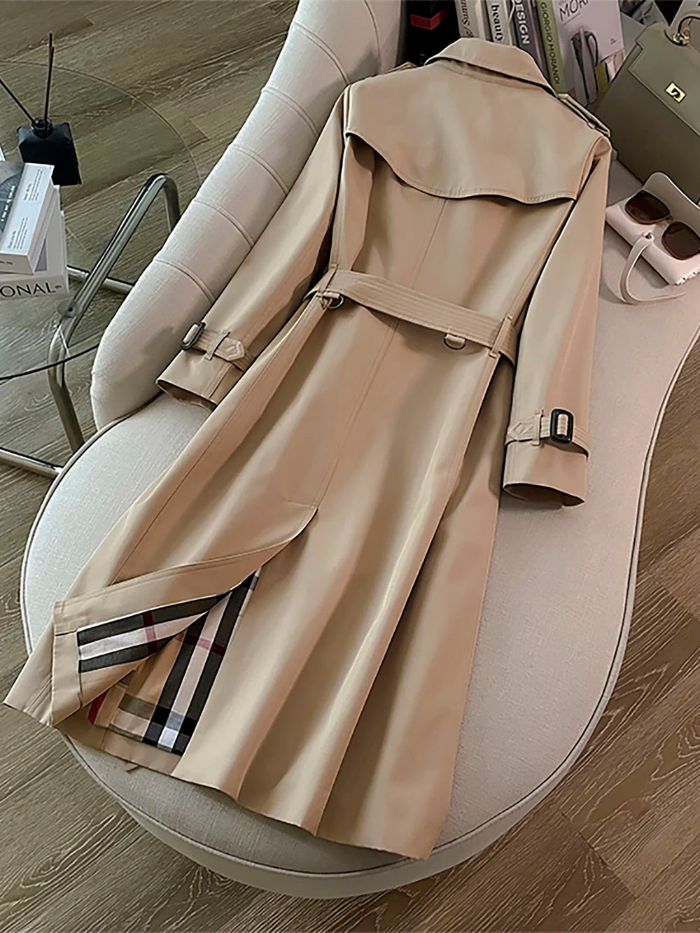 SaneShoppe-Khaki Double-Breasted Women's Overcoat, British Style, Organic Cotton, Regular Fit