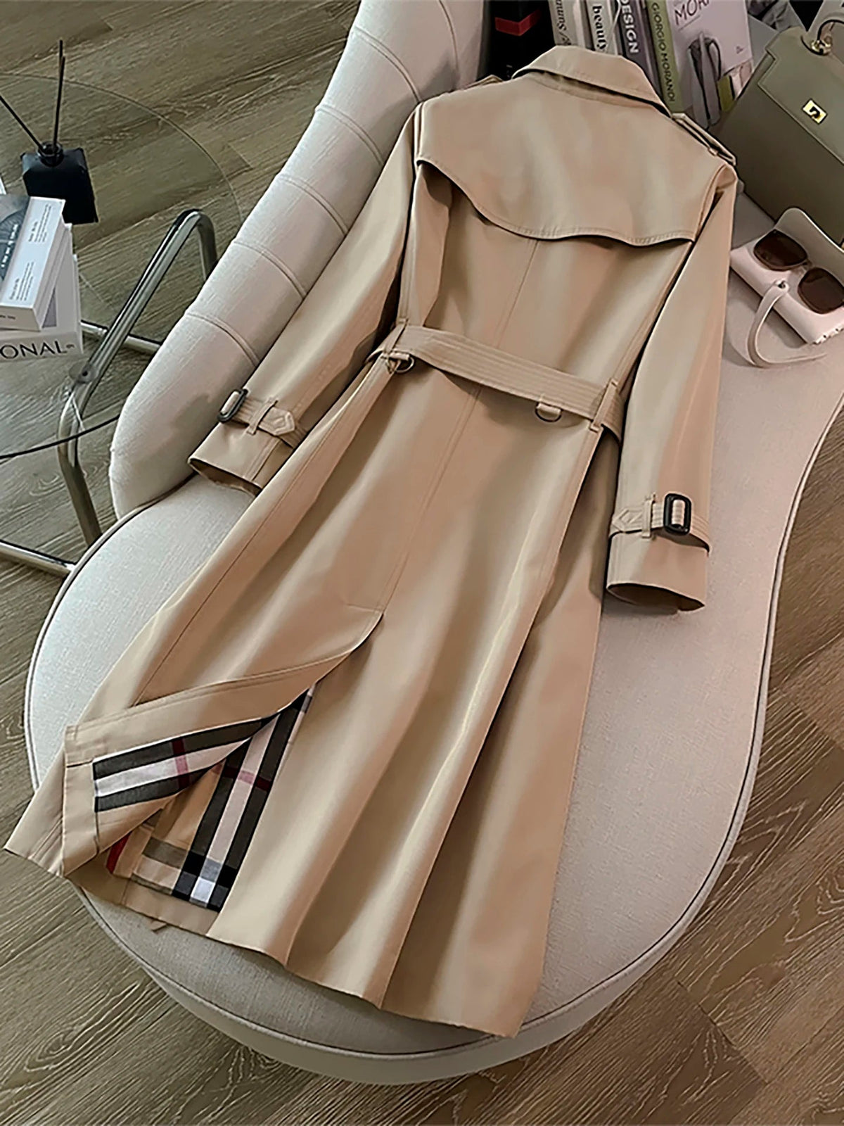 SaneShoppe-Khaki Double-Breasted Women's Overcoat, British Style, Organic Cotton, Regular Fit