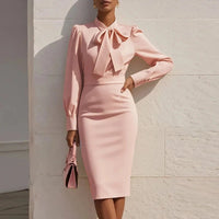 SaneShoppe - Elegant Office Lady Office Dress Women Bow Neck Long Sleeve Party Dresses For Women Autumn Midi Dress