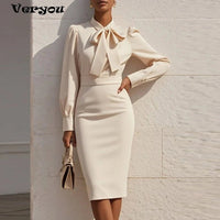 SaneShoppe - Elegant Office Lady Office Dress Women Bow Neck Long Sleeve Party Dresses For Women Autumn Midi Dress