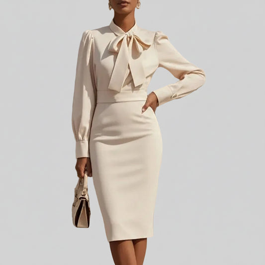 SaneShoppe - Elegant Office Lady Office Dress Women Bow Neck Long Sleeve Party Dresses For Women Autumn Midi Dress