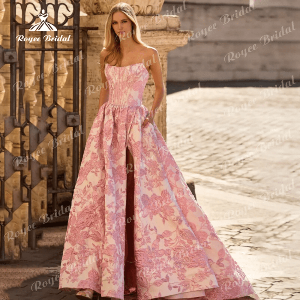 SaneShoppe - Elegant Straples Prom Dress Satin Floral Applique Embellished Bodice Gown Customized فسا تين سهرات Evening Dress