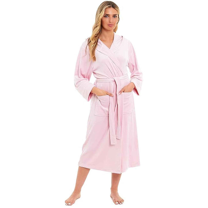 SaneShoppe - Elegant Women's Hooded Velour Robe Ultra - Soft Luxurious Bathrobe Perfect for Lounging Spa and Gym in Pink and Grey Adjustable Fit Multiple Sizes by Daisy Dreamer