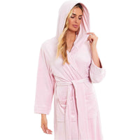 SaneShoppe - Elegant Women's Hooded Velour Robe Ultra - Soft Luxurious Bathrobe Perfect for Lounging Spa and Gym in Pink and Grey Adjustable Fit Multiple Sizes by Daisy Dreamer