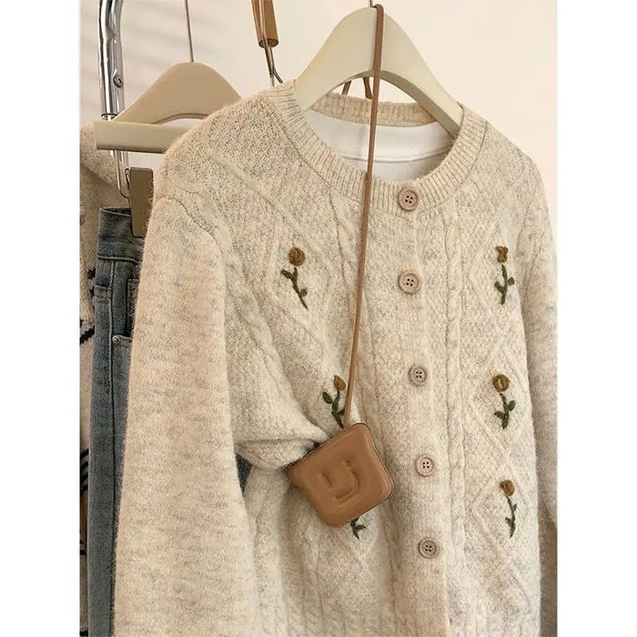 SaneShoppe - Embroidered Sweater Jacket for Women in Spring and Autumn 2025 New Hot Style Loose and Versatile Knitted Cardigan Sweater
