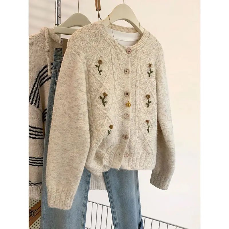SaneShoppe - Embroidered Sweater Jacket for Women in Spring and Autumn 2025 New Hot Style Loose and Versatile Knitted Cardigan Sweater