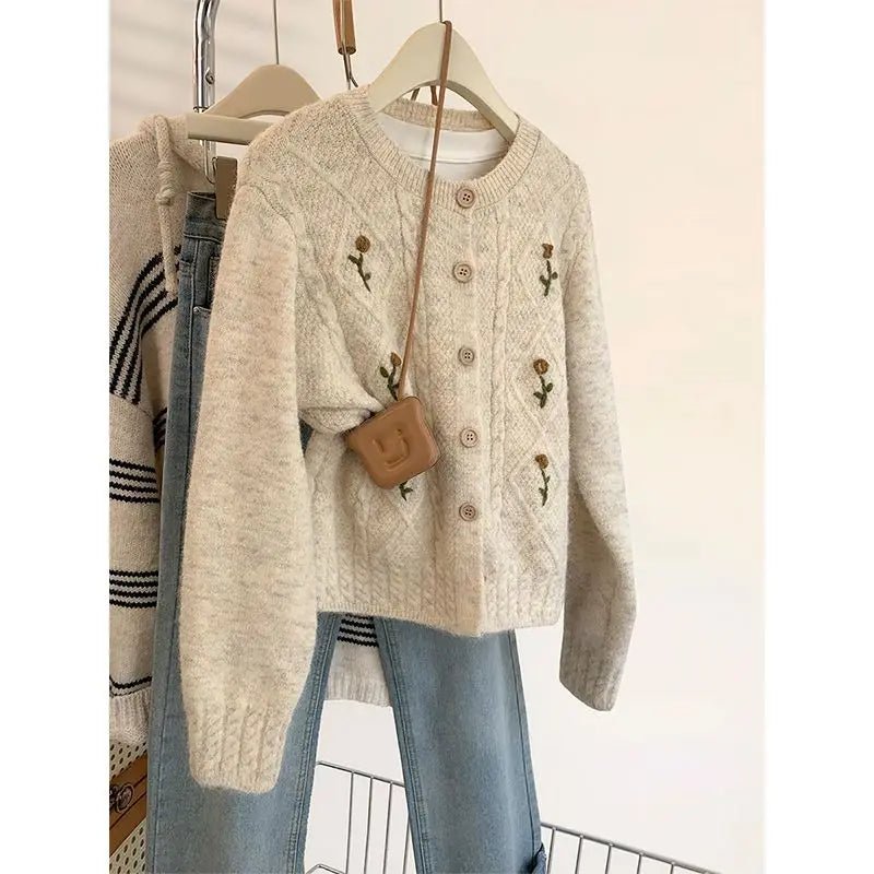SaneShoppe - Embroidered Sweater Jacket for Women in Spring and Autumn 2025 New Hot Style Loose and Versatile Knitted Cardigan Sweater