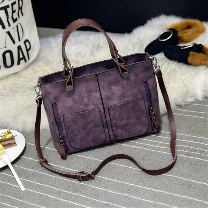 SaneShoppe - Europe America Retro Leather Handbag Shoulder Bag, Two Pocket Zipper Tote Bag, Classic Crossbody Bags for Women Work Business