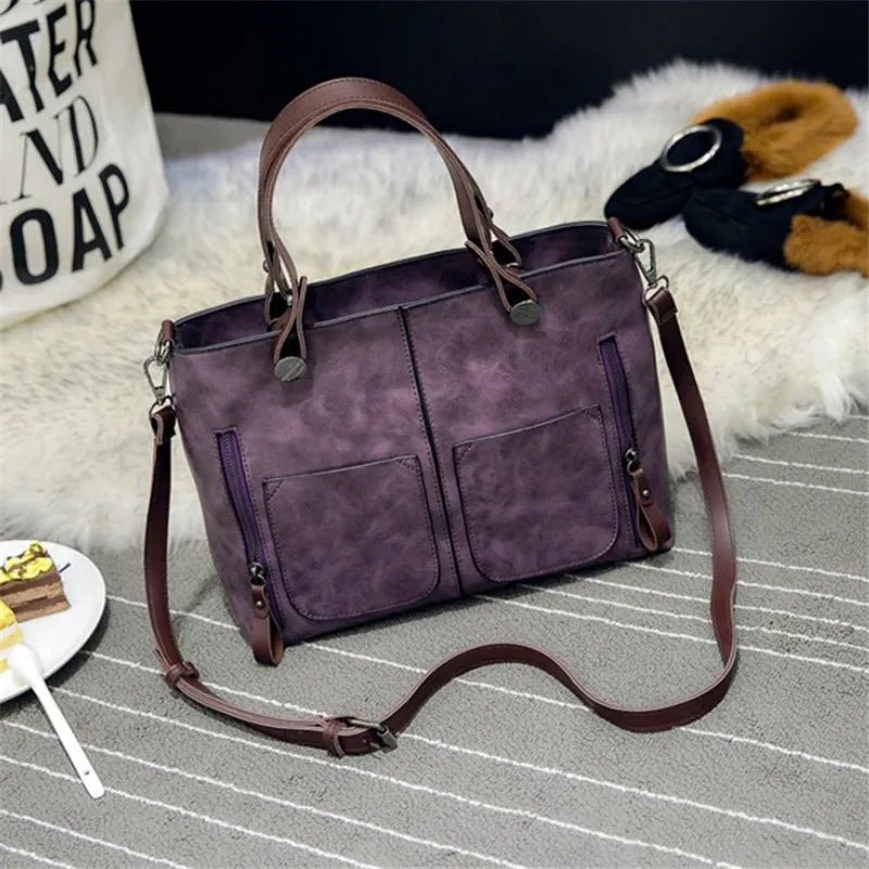 SaneShoppe - Europe America Retro Leather Handbag Shoulder Bag, Two Pocket Zipper Tote Bag, Classic Crossbody Bags for Women Work Business