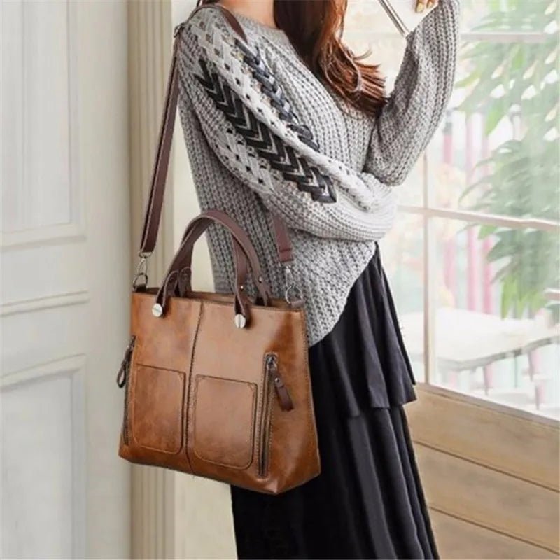 SaneShoppe - Europe America Retro Leather Handbag Shoulder Bag, Two Pocket Zipper Tote Bag, Classic Crossbody Bags for Women Work Business