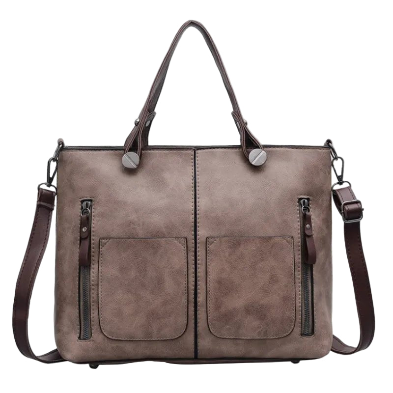 SaneShoppe - Europe America Retro Leather Handbag Shoulder Bag, Two Pocket Zipper Tote Bag, Classic Crossbody Bags for Women Work Business