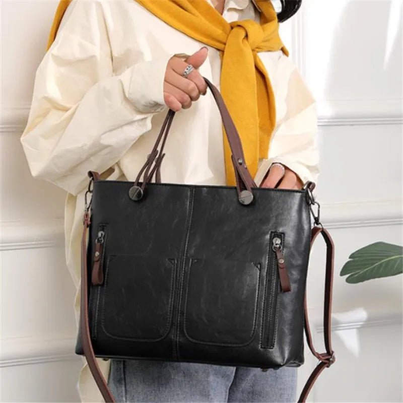 SaneShoppe - Europe America Retro Leather Handbag Shoulder Bag, Two Pocket Zipper Tote Bag, Classic Crossbody Bags for Women Work Business