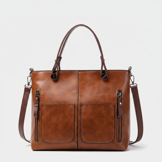 SaneShoppe - Europe America Retro Leather Handbag Shoulder Bag, Two Pocket Zipper Tote Bag, Classic Crossbody Bags for Women Work Business