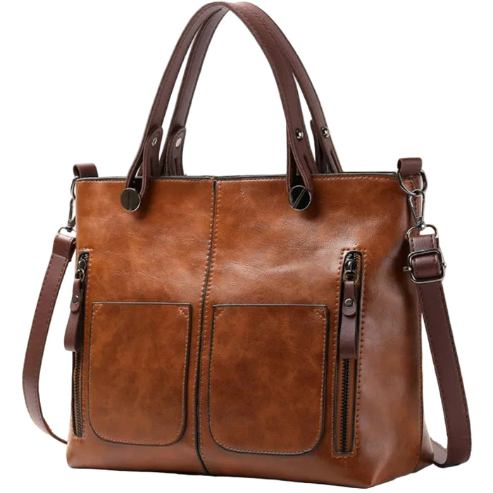 SaneShoppe - Europe America Retro Leather Handbag Shoulder Bag, Two Pocket Zipper Tote Bag, Classic Crossbody Bags for Women Work Business