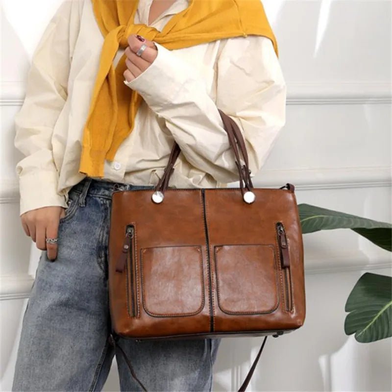 SaneShoppe - Europe America Retro Leather Handbag Shoulder Bag, Two Pocket Zipper Tote Bag, Classic Crossbody Bags for Women Work Business