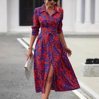 SaneShoppe - European And American Whole - body Printed Button Excellent Long - sleeved Waist A - shaped Dress