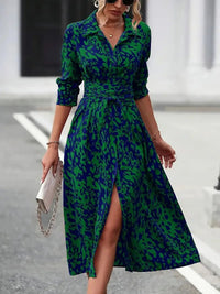 SaneShoppe - European And American Whole - body Printed Button Excellent Long - sleeved Waist A - shaped Dress