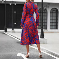 SaneShoppe - European And American Whole - body Printed Button Excellent Long - sleeved Waist A - shaped Dress