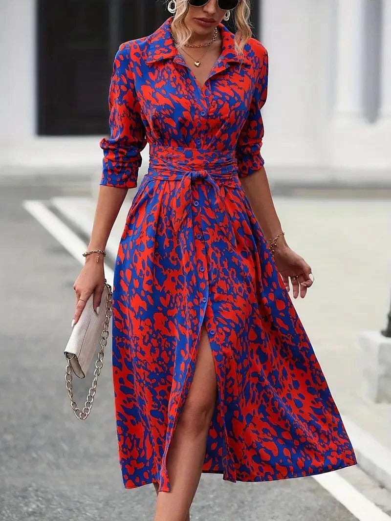 SaneShoppe - European And American Whole - body Printed Button Excellent Long - sleeved Waist A - shaped Dress