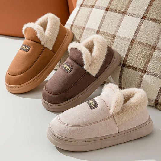 SaneShoppe - Evshine Warm Furry House Cotton Slippers For Women Men Winter Outdoor Plush Lined Cotton Shoe Indoor Antiskid Cozy Fluffy Slides
