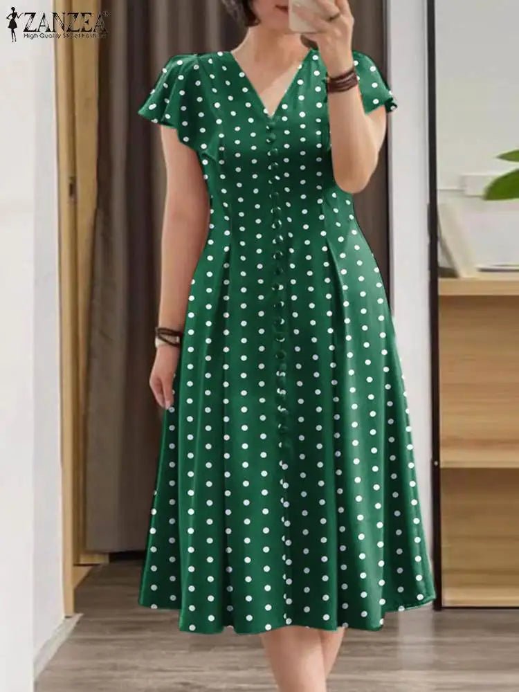 SaneShoppe - Fashion Summer Polka Dots Sundress ZANZEA Women V Neck Short Sleeve Dress Elegant Button Midi Robe Casual Holiday Party Vestidos