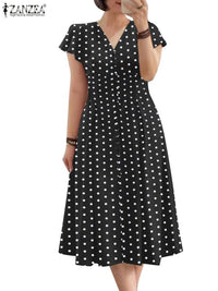 SaneShoppe - Fashion Summer Polka Dots Sundress ZANZEA Women V Neck Short Sleeve Dress Elegant Button Midi Robe Casual Holiday Party Vestidos