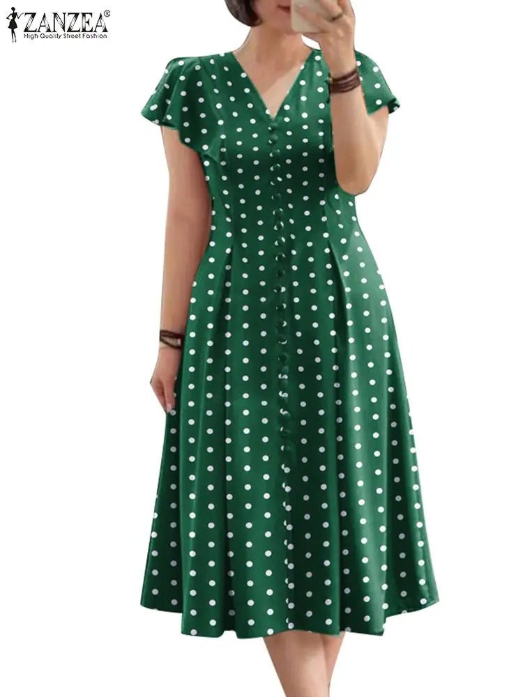 SaneShoppe - Fashion Summer Polka Dots Sundress ZANZEA Women V Neck Short Sleeve Dress Elegant Button Midi Robe Casual Holiday Party Vestidos