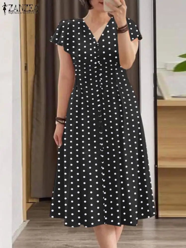 SaneShoppe - Fashion Summer Polka Dots Sundress ZANZEA Women V Neck Short Sleeve Dress Elegant Button Midi Robe Casual Holiday Party Vestidos