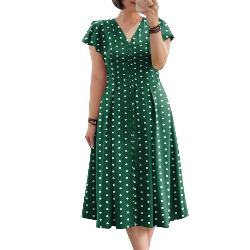 SaneShoppe - Fashion Summer Polka Dots Sundress ZANZEA Women V Neck Short Sleeve Dress Elegant Button Midi Robe Casual Holiday Party Vestidos