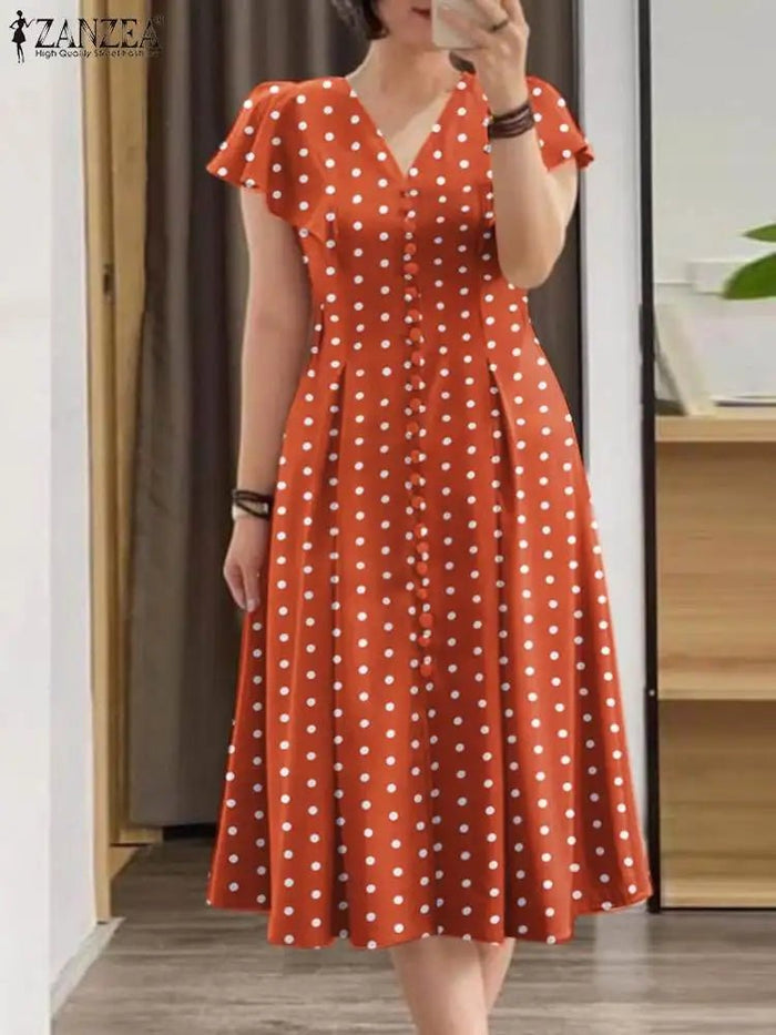 SaneShoppe - Fashion Summer Polka Dots Sundress ZANZEA Women V Neck Short Sleeve Dress Elegant Button Midi Robe Casual Holiday Party Vestidos