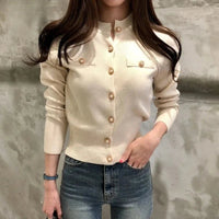 SaneShoppe - Fashion Women Cardigans Korea Autumn Long Sleeve Sweater Knitted Coat Short Casual Single Breasted Korean Slim Chic Ladies Tops