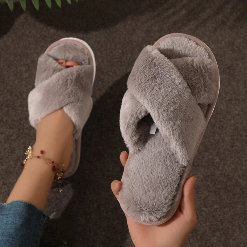 SaneShoppe - Fashion Women Fluffy Slippers Cross Band Soft Plush Cozy House Shoes Furry Open Toe Indoor Outdoor Slip Warm Anti Skid Sole
