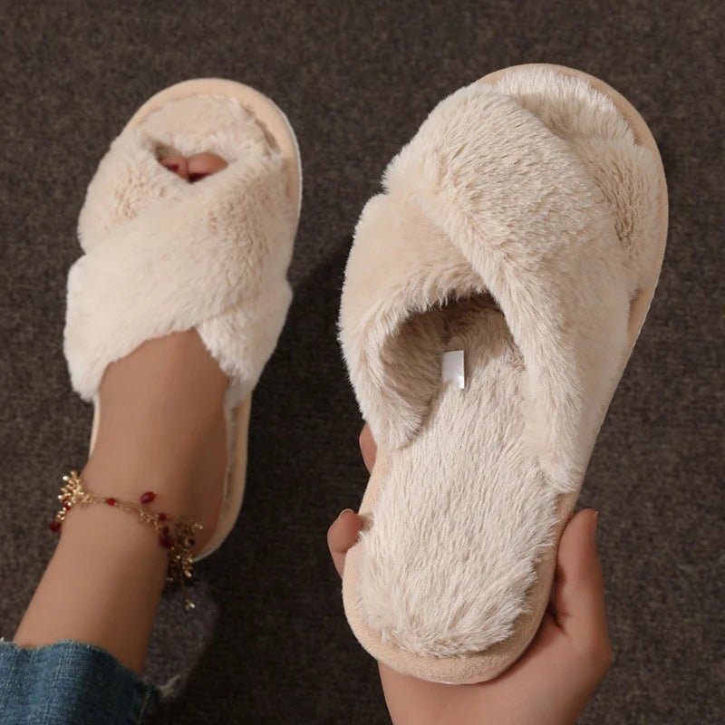 SaneShoppe - Fashion Women Fluffy Slippers Cross Band Soft Plush Cozy House Shoes Furry Open Toe Indoor Outdoor Slip Warm Anti Skid Sole